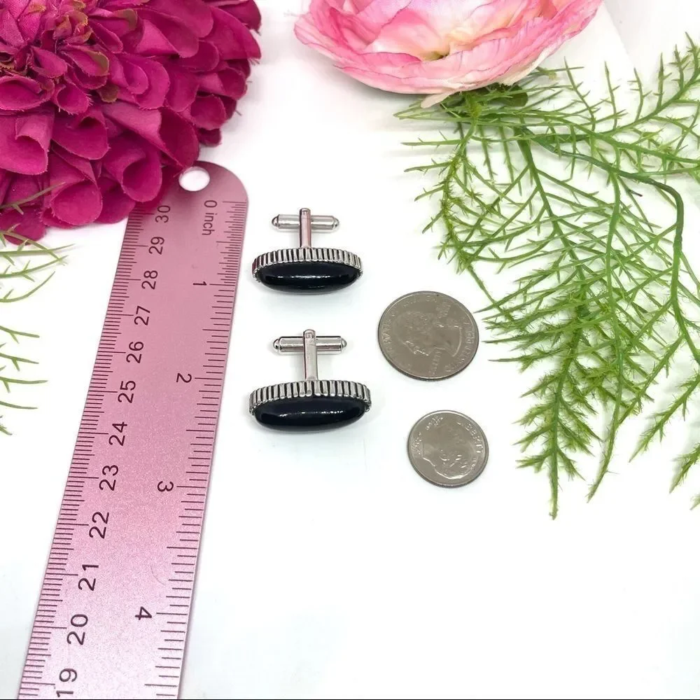VINTAGE⚜️CUFF LINKS Black Acrylic Detailed Edging - Art Deco Style